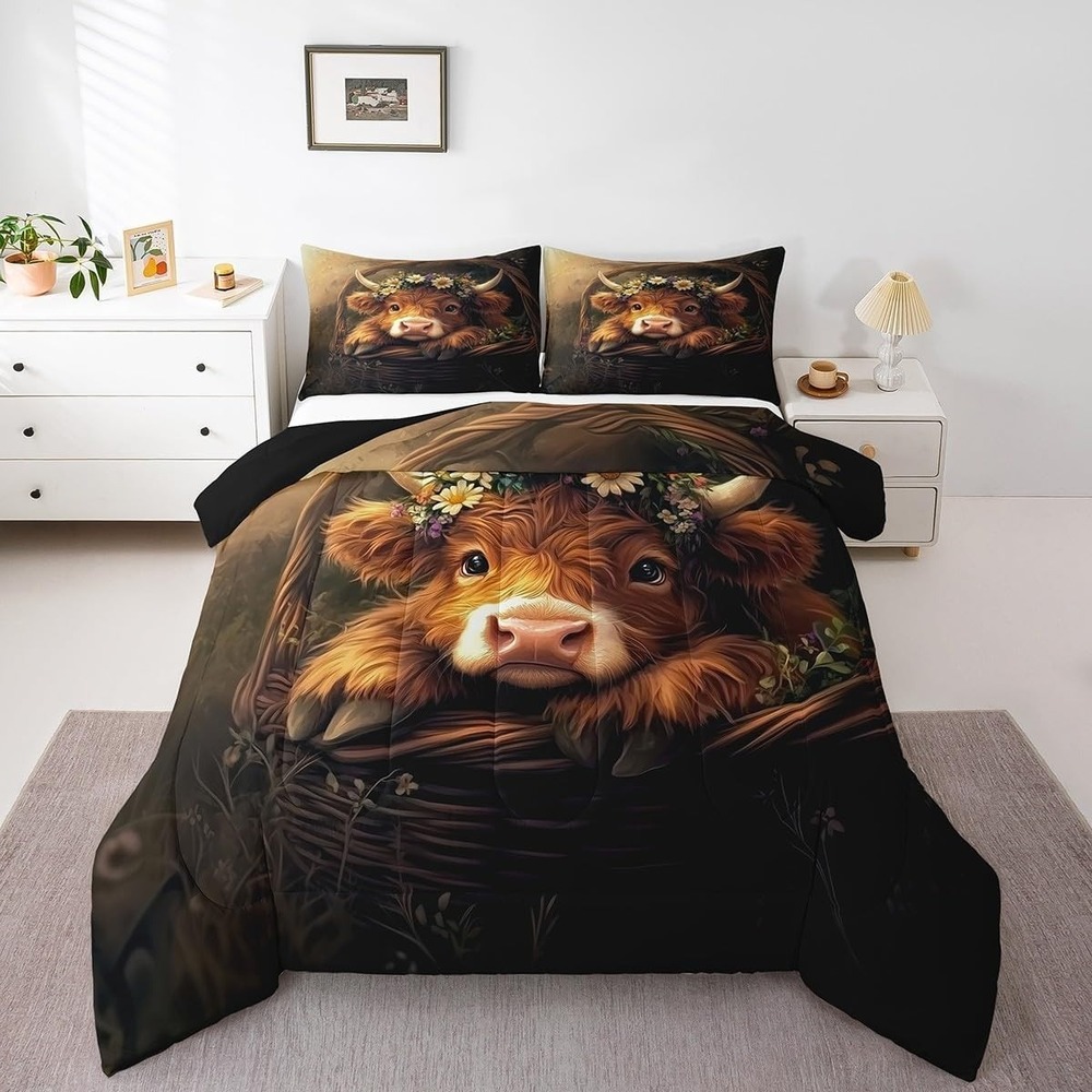 Feelyou Highland Cow Full Comforter Set 3pc Kids Animal Print Bedding CC31